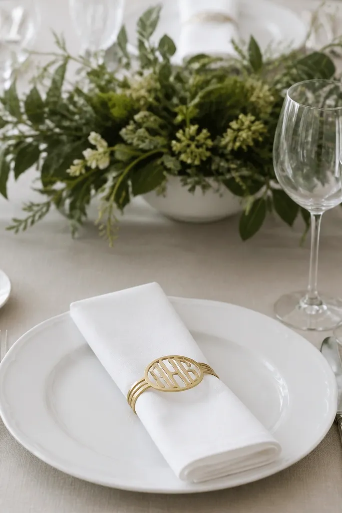 White napkins folded into a rectangle and held by gold monogrammed napkin rings. The place setting includes a white plate, silver cutlery, and clear glasses. The centerpiece is low with greenery.