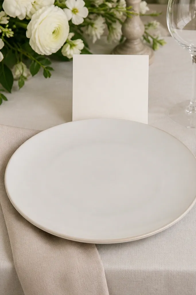 A place setting with a dinner plate centered. A menu card is placed upright behind the plate edge, and a napkin is tucked slightly to the side. Silver cutlery and clear glasses are arranged in neat alignment.