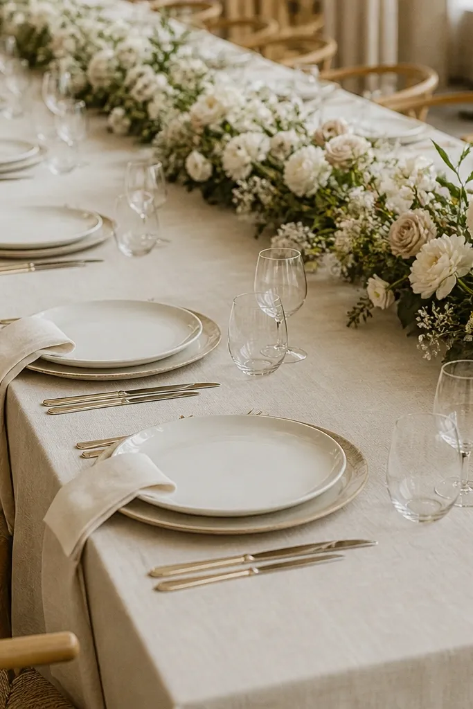 A long table with a low floral band running along the center. Each place setting has a charger and dinner plate with napkin folded to one side. There is visible empty space between napkin and centerpieces, keeping plates unobstructed.