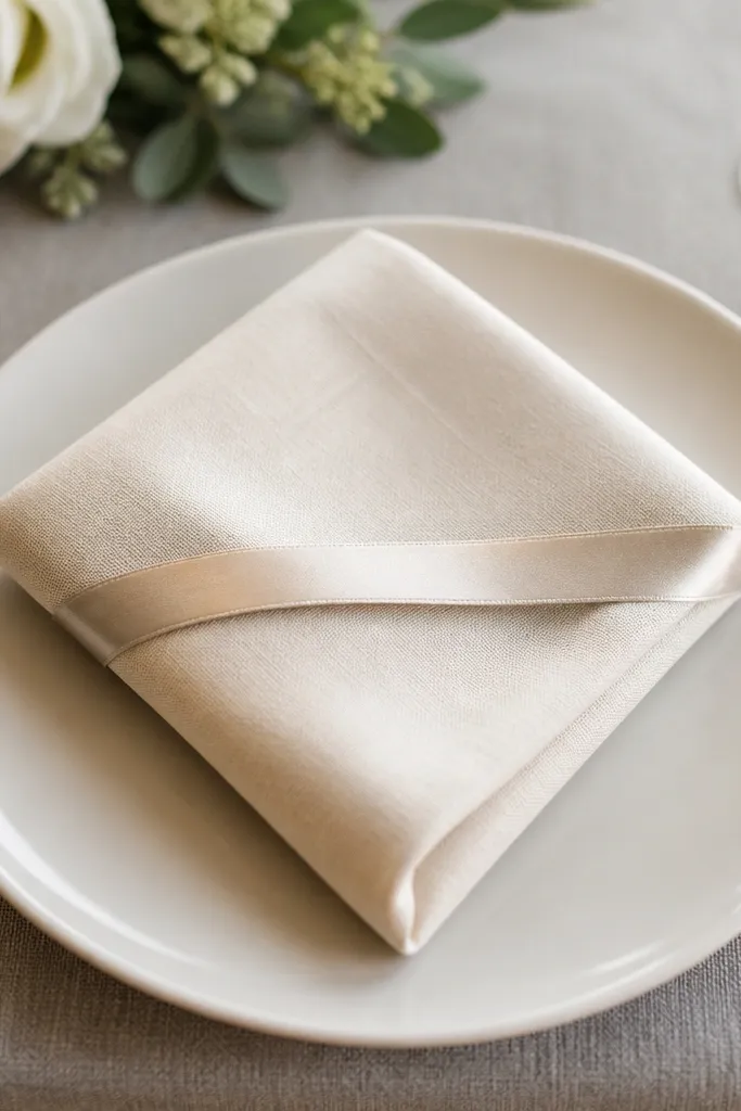 A close-up of a wedding place setting showing a square ivory linen napkin folded into a diagonal shape. The napkin sits centered on a white plate, with one corner pointing toward the guest and the opposite corner tucked slightly inward. A small satin ribbon tag wraps around the napkin fold, and the table background is a muted gray linen runner.