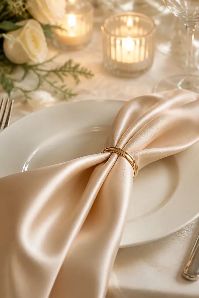 A wedding table close-up showing champagne satin napkins placed over a white plate. The napkin has a slight sheen and is held in place by a slim gold napkin ring. The napkin ring sits around the folded center, keeping the fabric from drifting. Silver cutlery is aligned neatly, and the background shows soft candlelight.