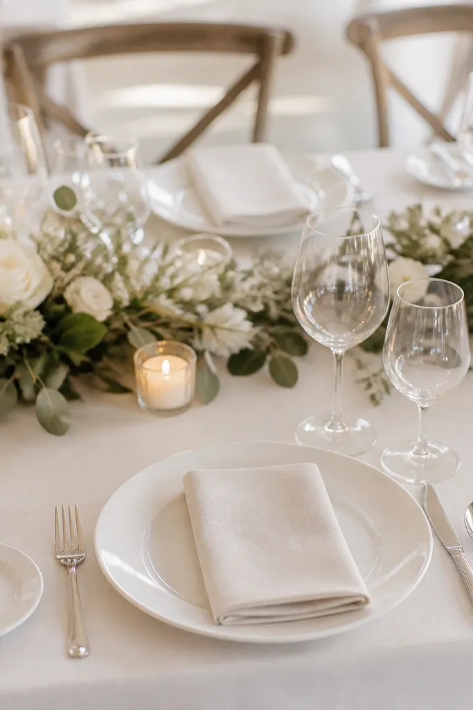 A plated wedding dinner setting. Each place has one dinner fork, one dinner knife, and a single spoon, with a small side plate to the left. The napkin is folded neatly and centered. There are only two glasses per place setting, and the centerpiece is low.
