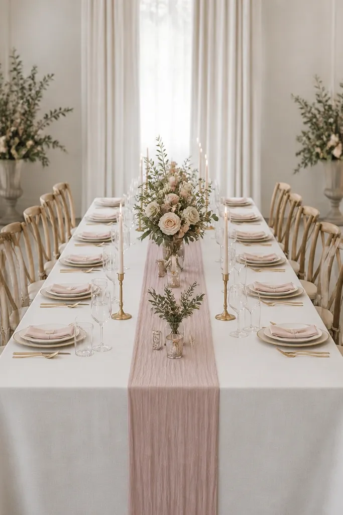 A full view of a reception table showing a long table runner laid straight with the seam aligned to the table center. Place settings are evenly spaced, and the runner edges match the table length. The centerpiece sits in the exact center, and candleholders are placed at equal intervals.