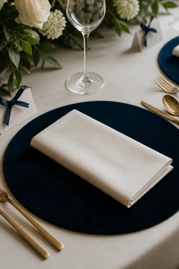 Each guest place has a navy velvet circle under the napkin, shaped like a charger but without any plate. Ivory napkins are neatly folded into a flat rectangle, and gold flatware sits around the edge. A small dark navy ribbon holds a name card near the top-left, with a wine glass behind it.
