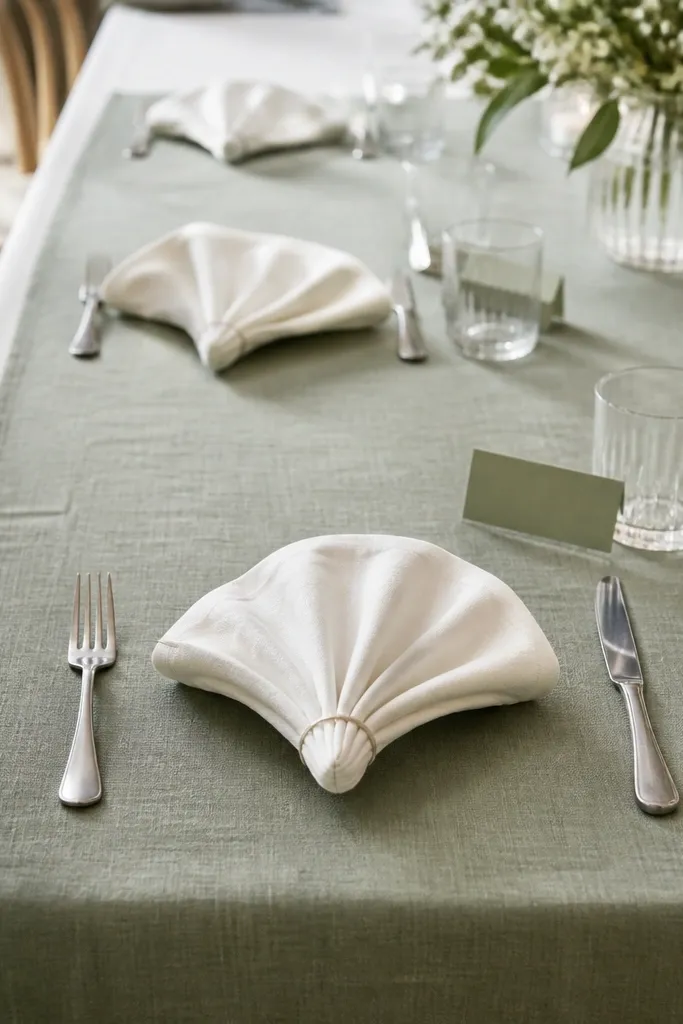 A sage green linen runner with natural texture covers a long table. Each place has soft silver fork and knife, and an ivory napkin rolled into a small fan at the center. Clear water glasses sit at the top-right, and sage-toned place cards are tucked near the glass.