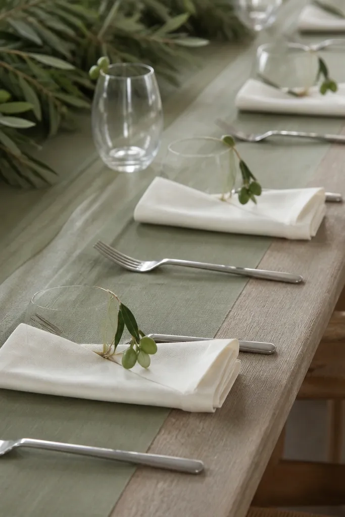 A sage table runner with tonal sage overlays. Each place has a folded ivory napkin and a small olive sprig placed at the napkin corner. Silver flatware is spaced cleanly, with no plate. A single glass with a simple olive tag sits near the top.