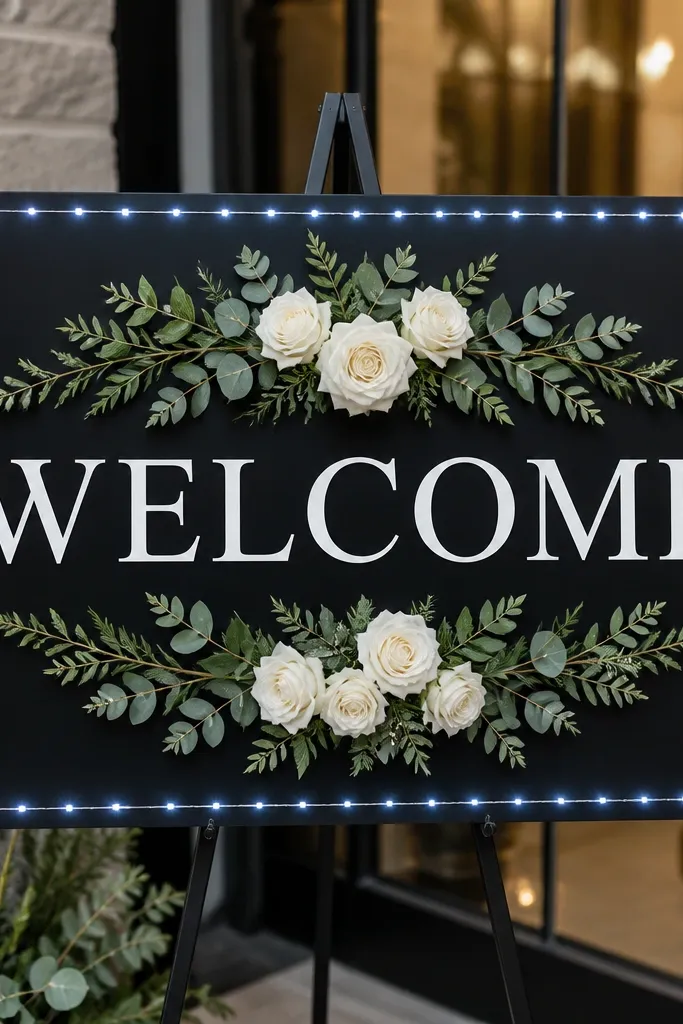 A matte black rectangular welcome sign with bold white lettering. White roses and greenery sit in a symmetrical arrangement behind the text. Cool-white fairy lights outline the frame with a crisp, clean glow.