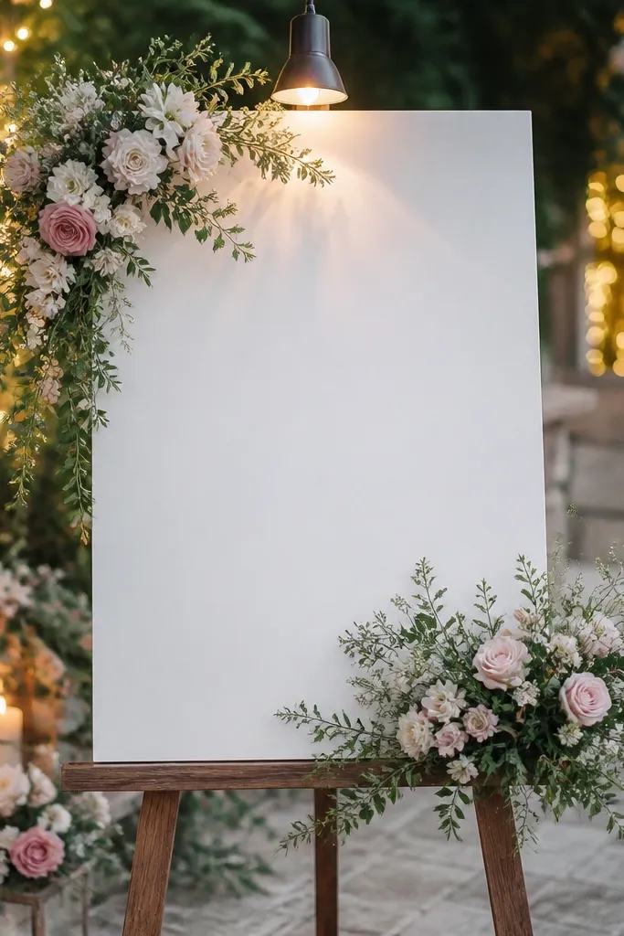Wedding Welcome Sign Ideas With Flowers and Lights