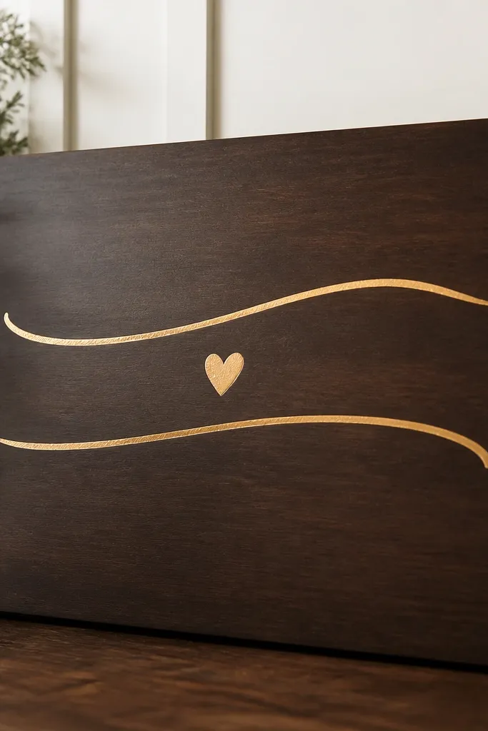 A dark walnut-stained wooden sign with gold leaf text in a script style. The gold catches light with small texture variation, and the background looks smooth and deep brown. A small heart icon sits between lines, and the finish has a satin sheen.