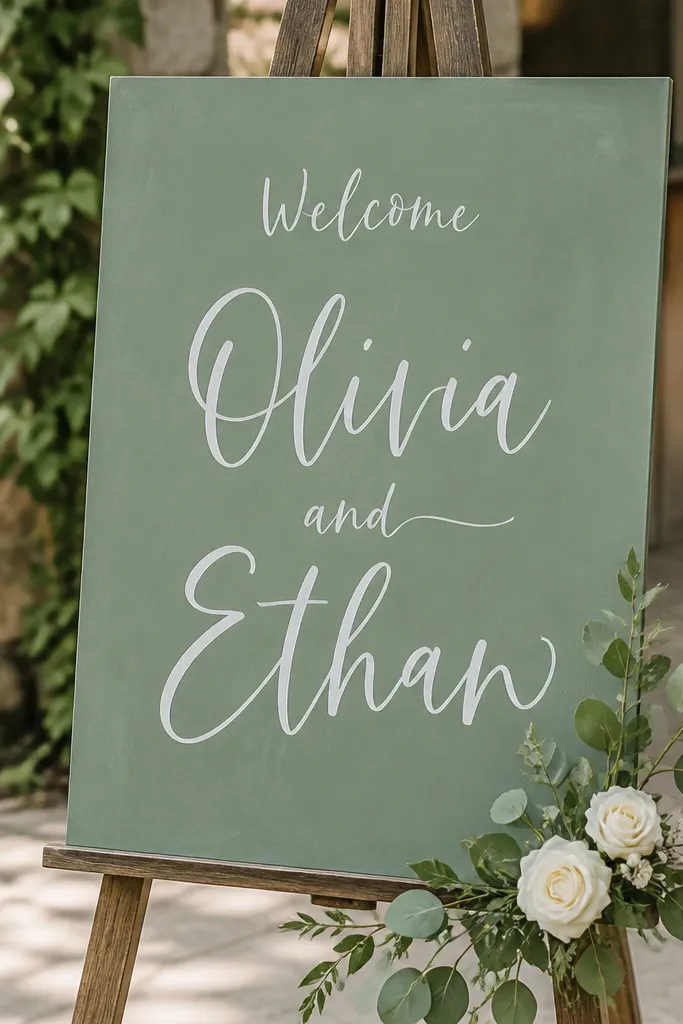 A matte chalk-painted board in dusty sage. White paint pen lettering reads "Welcome" at the top and the couple's names in a larger hand-lettered style. The board surface looks velvety, and there's slight texture from the brush strokes.