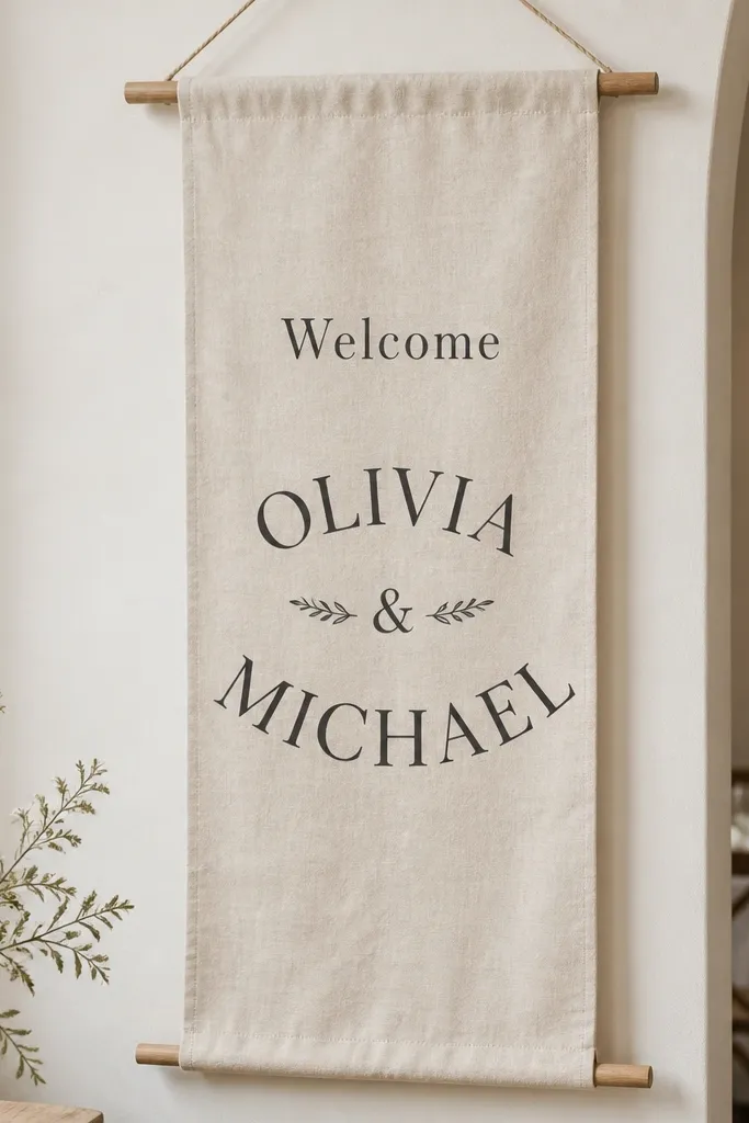 A long linen fabric banner with a natural cream background. "Welcome" is in dark charcoal iron-on vinyl, and the couple's names are larger in a slightly curved layout. The banner hangs from two wooden dowels, with visible fabric texture.