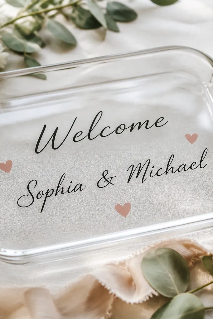 A clear glass tray used like a welcome sign. Small vinyl stickers read "Welcome" and the couple's names across the center, with a few tiny heart stickers. The glass base looks clean and the letters sit flat.