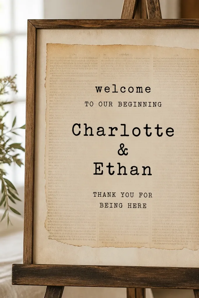 A welcome sign made from a pasted vintage book page background. The text looks like typewriter font in black ink, with the couple's names in a larger size. There are subtle paper edges and a slightly aged cream tone.
