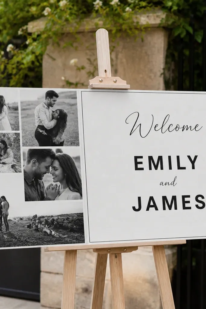 A long sign with a strip of black-and-white photos in the left third, like a collage. The right side is clean white space with "Welcome" at the top and names printed in bold black. A simple thin border separates the sections.