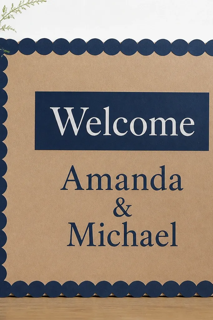 A kraft brown base board with a navy scalloped paper border around the edges. In the center, "Welcome" is printed in white on a navy rectangle, and the names are printed below in navy. The border looks cut by hand with consistent scallops.