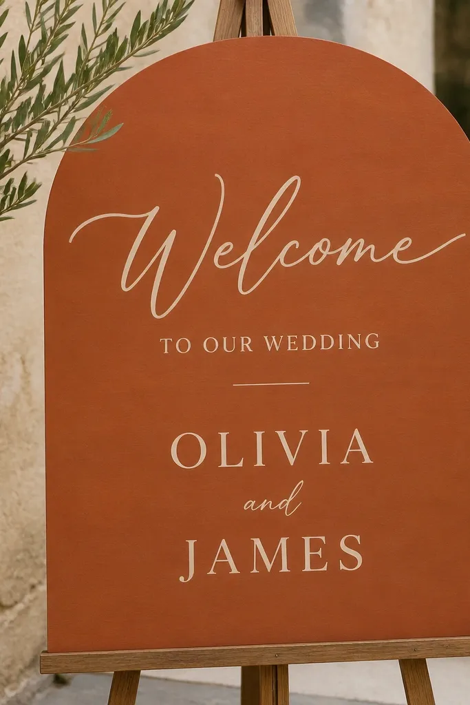 A terracotta-colored painted sign with cream vinyl lettering. The words "Welcome" and names look smooth and slightly matte, and the sign has a hand-brushed texture. The edges are clean and the color reads warm and earthy.