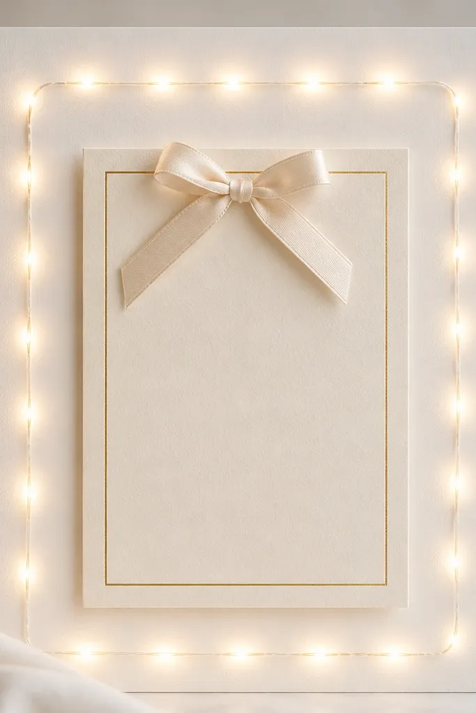 A cream cardstock save the date card centered on a white foam board. Behind it, warm white LED string lights form a gentle rectangle "window" shape. The card has black text, a thin gold foil line, and a small satin bow tied at the top.