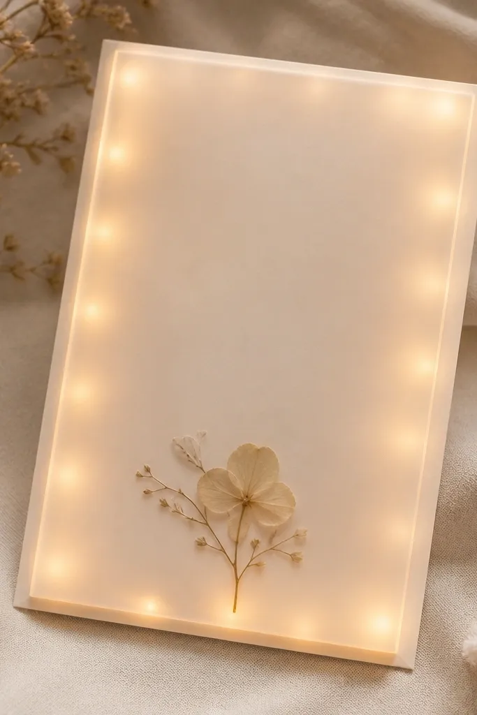 A save the date card with a cream base and a translucent vellum layer on top. Warm white LEDs are arranged along the perimeter behind the card, creating a soft halo around the vellum edges. The vellum has minimal ink and a small pressed flower near the bottom.