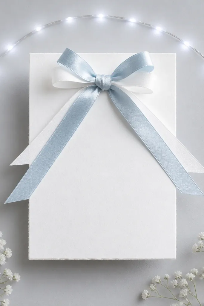 A bright white save the date card with a structured bow made from two ribbons: a satin ribbon in pale blue and a matte ribbon in white. Cool white LEDs form a soft arc behind the card. The background is light gray paper.