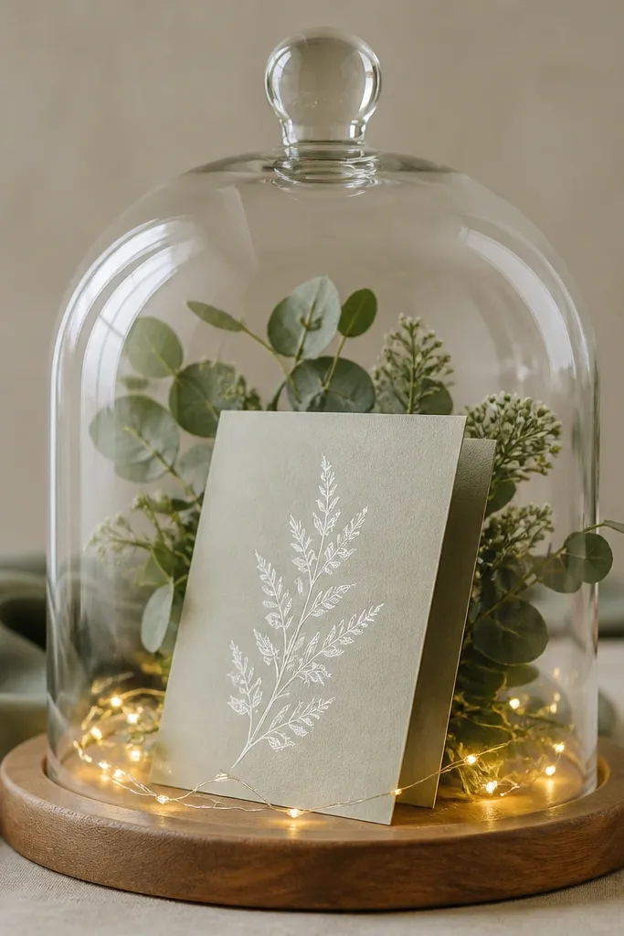 A clear glass cloche sitting on a wooden board. Inside, a folded save the date card leans against a small arrangement of greenery. Micro warm fairy lights are tucked around the base, and the card has white ink that glows subtly.