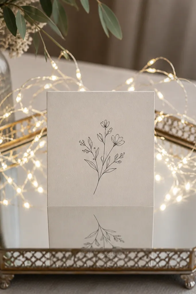 A small mirrored tray on a table. A cream save the date card sits centered, and warm white LED string lights are arranged behind it. The mirror reflects the glow, creating a symmetrical light pattern. The card has a simple line drawing in dark ink.