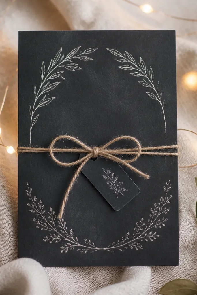 A dark slate save the date card with handwritten chalk-style typography. Warm white string lights sit behind it against a linen backdrop. A small piece of twine is tied around the card with a mini tag attached.