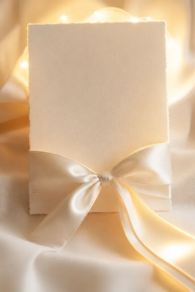 An ivory save the date card with a long satin ribbon tail trailing off the bottom. Warm white LEDs are positioned behind the top half of the card. The ribbon catches the glow along its edges. Background is soft cream fabric.