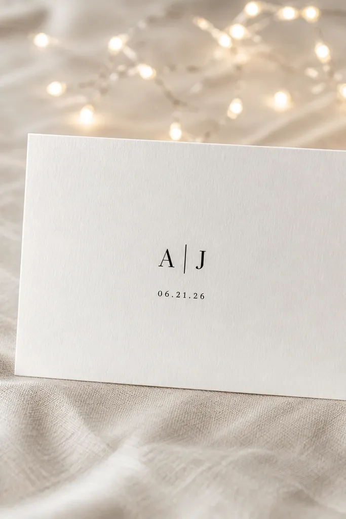 A minimal white save the date card placed on textured light linen. Warm white LEDs are scattered loosely behind it, creating a gentle bokeh glow. The card has one small monogram and date in black ink.