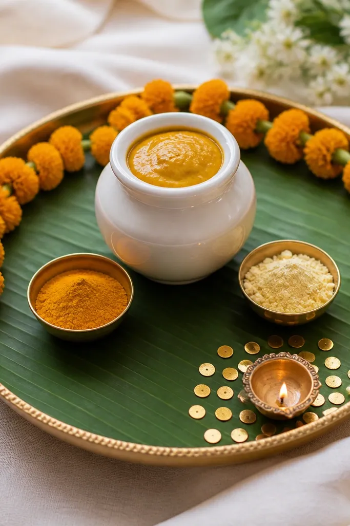 A round haldi tray lined with banana leaf. At the front right corner, small gold foil dots are placed around a mini diya. The center holds a white pot with turmeric paste, flanked by two small brass bowls, and a thin marigold garland drapes along the tray edge.