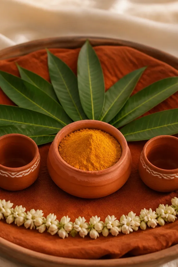 A tray of terracotta-colored cloth. Mango leaves are arranged in a U-shape behind the center haldi pot. Two small terracotta cups sit left and right, and a line of tiny white flowers runs along the front edge.