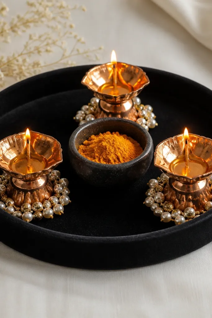 A black velvet-lined tray with a copper diya trio. The center is a dark stoneware bowl with turmeric. Small clusters of white and gold beads sit around the base of the diya holders.