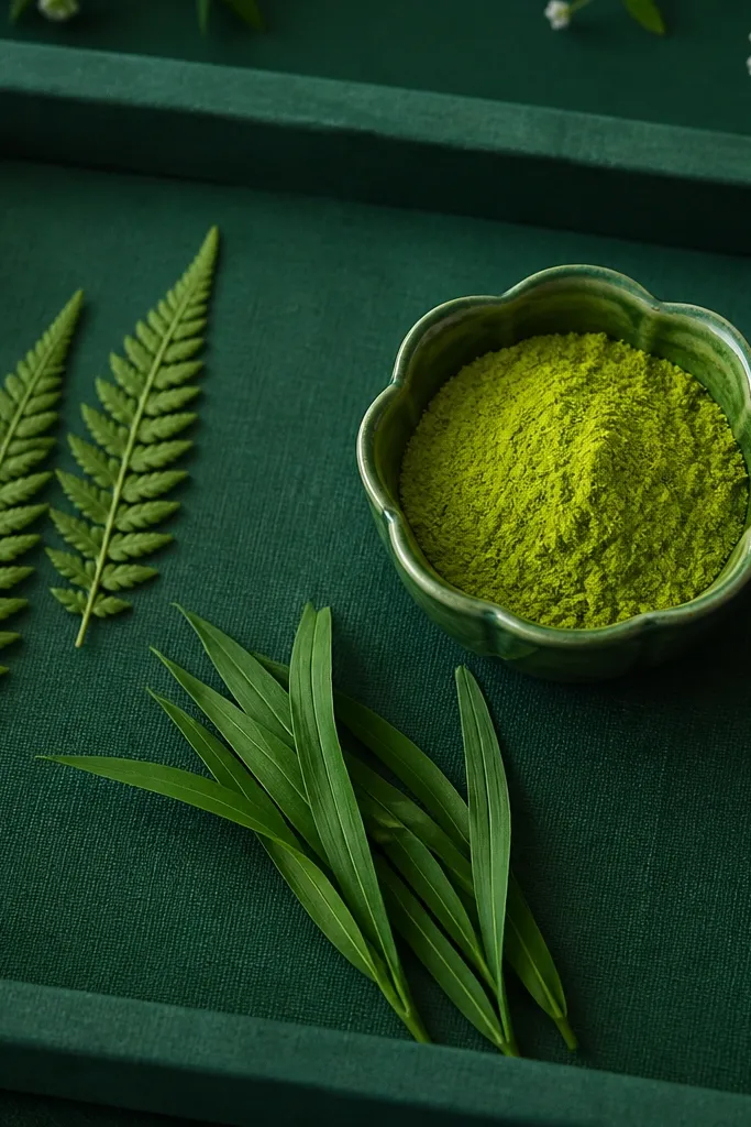 A tray covered with deep green fabric. The only colors are different greens: two small fern fronds, cucumber-thin green leaves, and a green ceramic bowl for haldi. A few white flowers appear only as tiny accents at the edge.