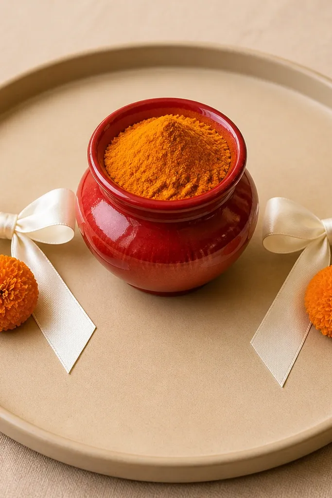 A tray with a plain beige base. A red ceramic pot holds turmeric in the center. White satin ribbons are tied into two bows and placed symmetrically on left and right, with tiny marigold balls at the base of each bow.