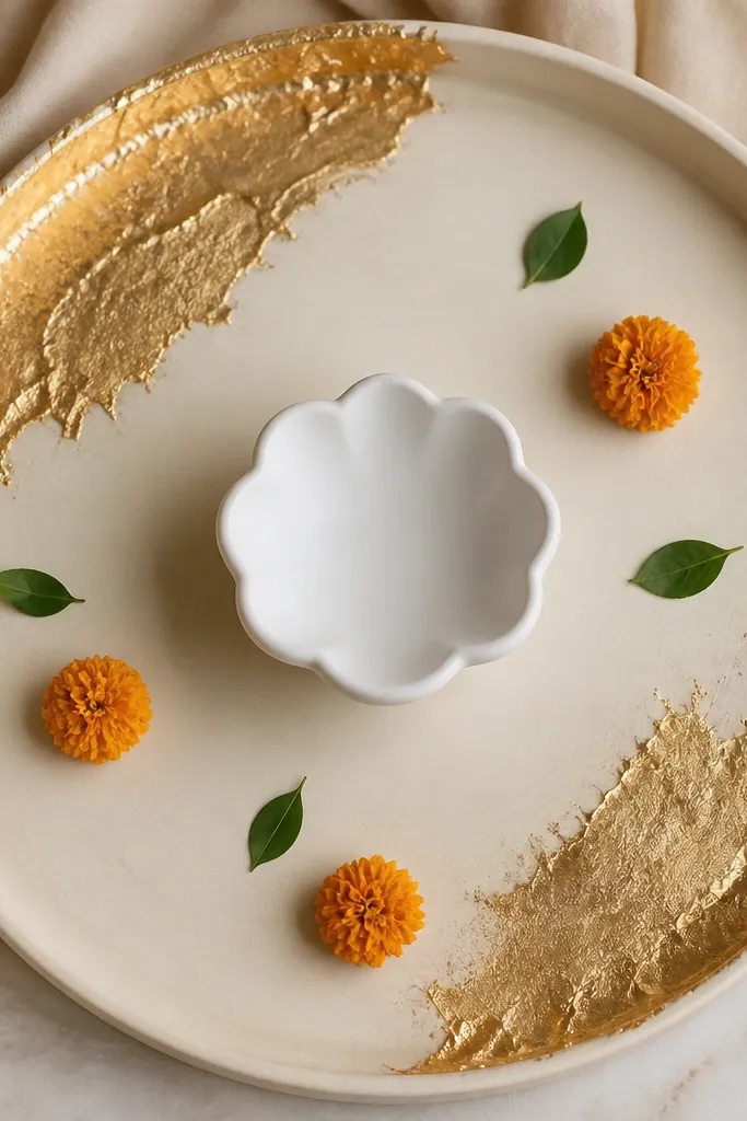 A tray with a cream base covered partly by gold leaf paper in two corners. In the center is a matte white haldi bowl. Only small flower dots appear - three tiny marigold clusters and a few green leaves.
