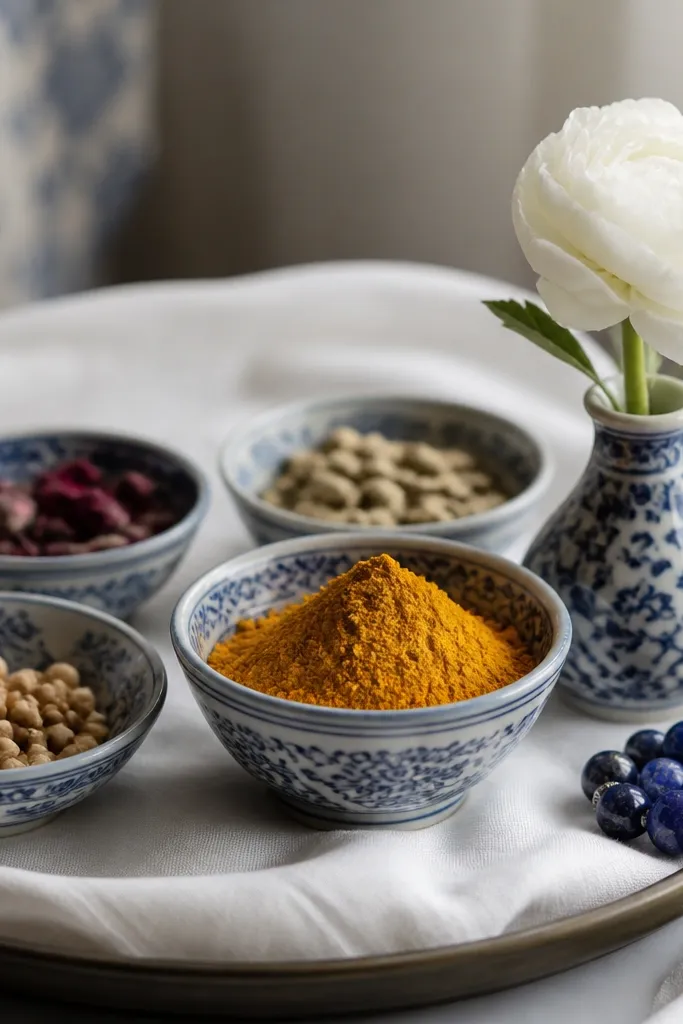 A tray covered with a white cloth. Blue patterned porcelain bowls sit on the tray, with the center bowl holding turmeric. A small blue-and-white vase holds a single white flower, and a few blue beads sit at the edge.