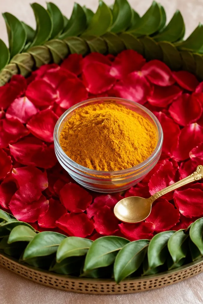 A tray with green leaf frame around the edges and a soft bed of red rose petals in the center. A clear glass bowl of turmeric sits in the middle. A small gold spoon rests beside it.
