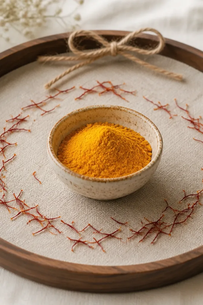 A tray with a beige cloth. The haldi bowl is centered. Saffron threads are scattered in a loose spiral around the bowl. A small bundle of hemp twine is tied into a bow at the back edge.