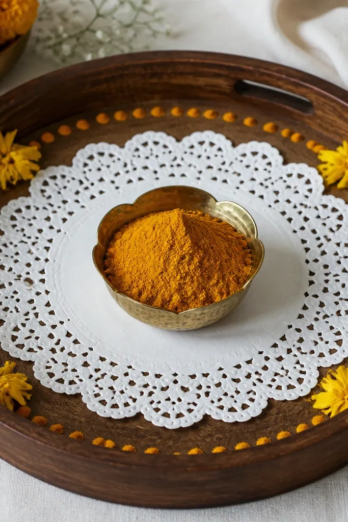 A tray with a white paper doily placed under the haldi bowl. Around the doily is a dotted border made with turmeric powder. Small yellow marigold petals are placed at the outer corners.