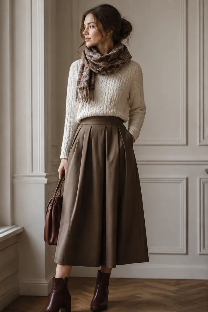 An ivory cable-knit sweater tucked into a high-waist midi skirt with a soft matte fabric. The outfit is styled with brown leather ankle boots and a scarf.
