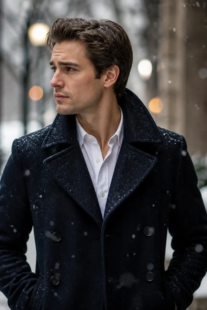 A navy peacoat with structured shoulders, worn over a white Oxford button-down. The background is a snowy sidewalk with soft falling snow and blurred streetlights.
