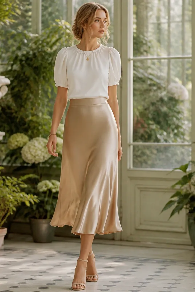 A white blouse with gentle puff sleeves tucked into a satin midi skirt in champagne or pale gold. The scene is an indoor greenhouse or conservatory with plants in the background.