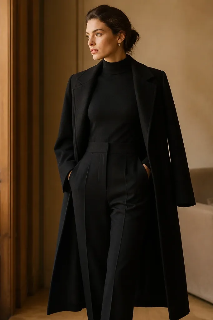 A black jumpsuit with a fitted turtleneck and a tailored waist seam, paired with a long coat. The image has indoor warm lighting and the fabric looks structured.
