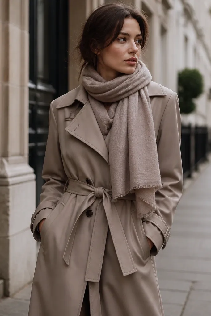 A taupe trench coat with a belt, styled with a soft scarf in a similar tone. The setting looks like a quiet city sidewalk with cloudy daylight.