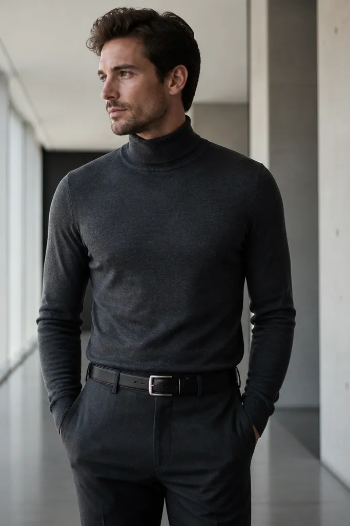 A charcoal turtleneck top tucked into tailored trousers with a leather belt. The scene is a modern hallway with cool daylight, and the outfit looks sharp and clean.