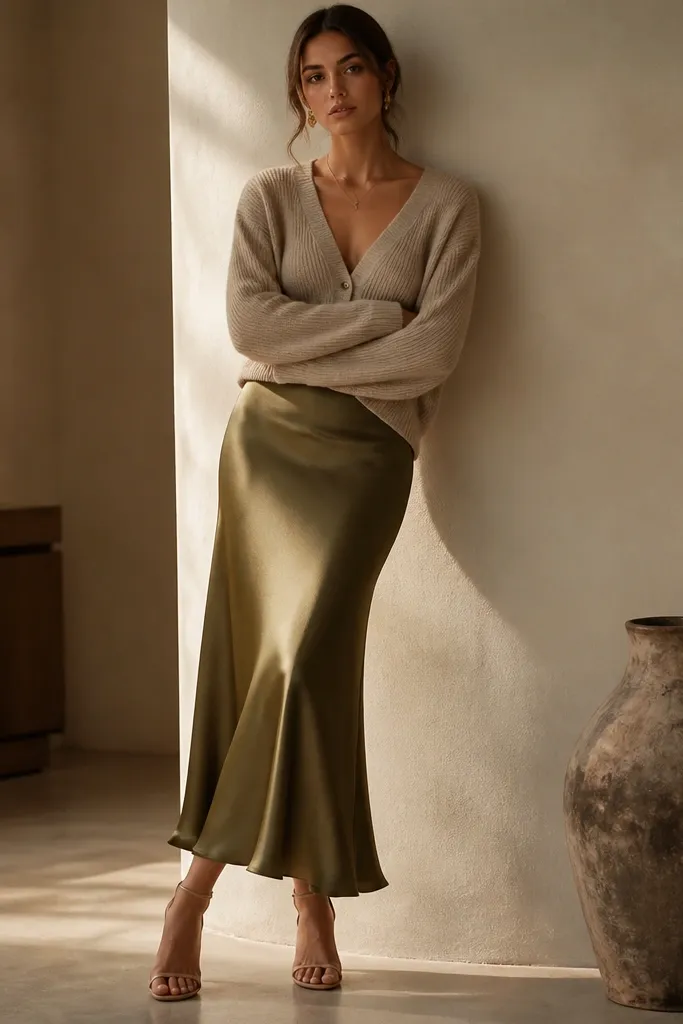 An olive satin slip skirt paired with a knit cardigan in a neutral tone. The lighting is warm and the skirt has a gentle sheen.