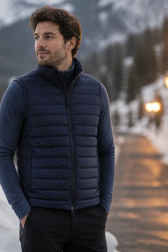 A navy quilted vest layered over a long-sleeve base layer, paired with dark pants. The setting is outdoors with snow and a warm streetlight glow.