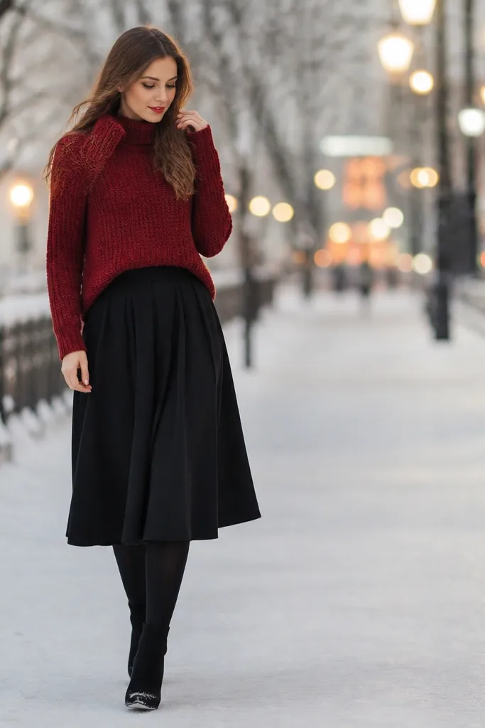 A deep red knit sweater paired with a black midi skirt and opaque tights. The photo is outdoors with snow and a soft bokeh of streetlights.