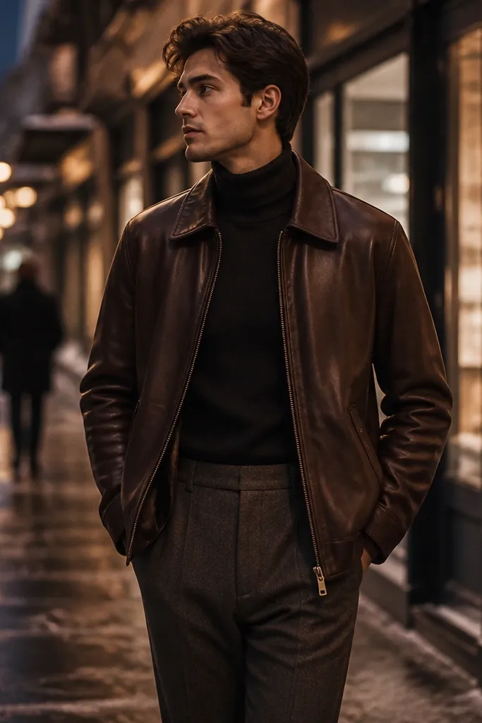 A brown leather jacket worn over a dark turtleneck, paired with wool trousers. The scene looks like a winter evening street with warm storefront lights.