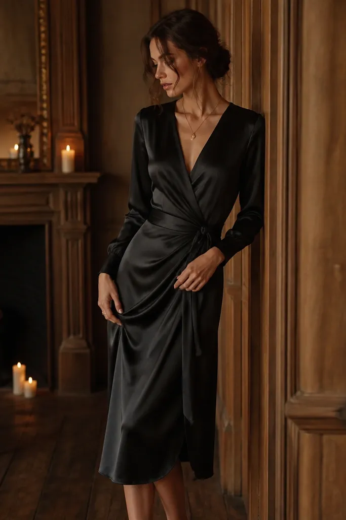 A black satin midi dress with a wrap waist tie and long sleeves. The background is candlelit with warm wood tones.