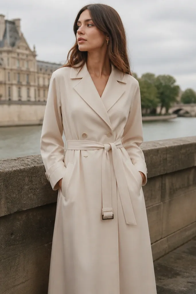 A cream trench dress with a belt cinched at the waist and visible side pockets. The photo is outdoors with overcast daylight and soft shadows.